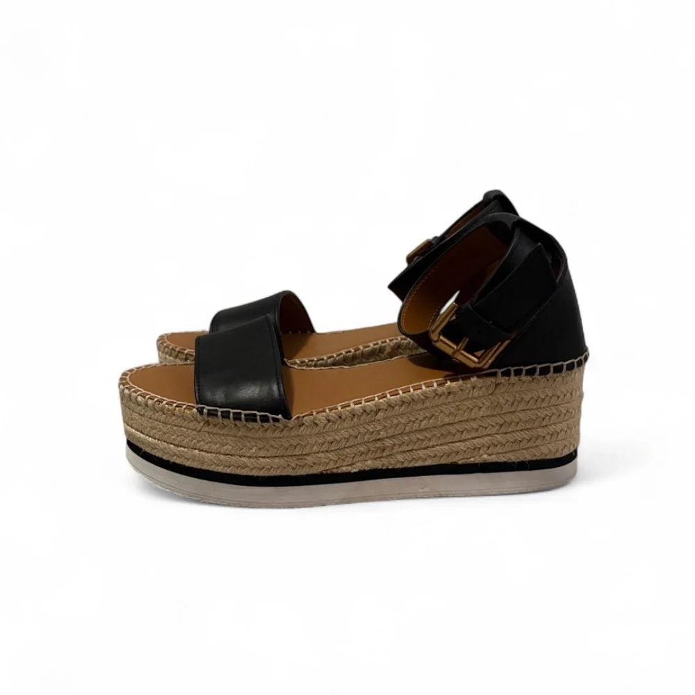 See by Chloe Espadrille Calfskin Leather Jute Platform Sandals